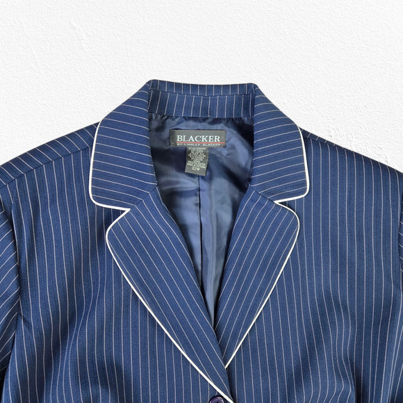 Y2K Vintage Navy Blue White Pinstripe Contrast Piping Bow Detail Blazer 22W Plus - Picture 2 of 7